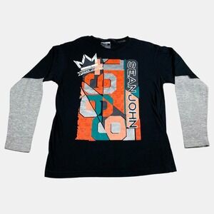 Sean John Kids Boys Layered Look Long Sleeve Shirt Black Gray Graphic Print XL